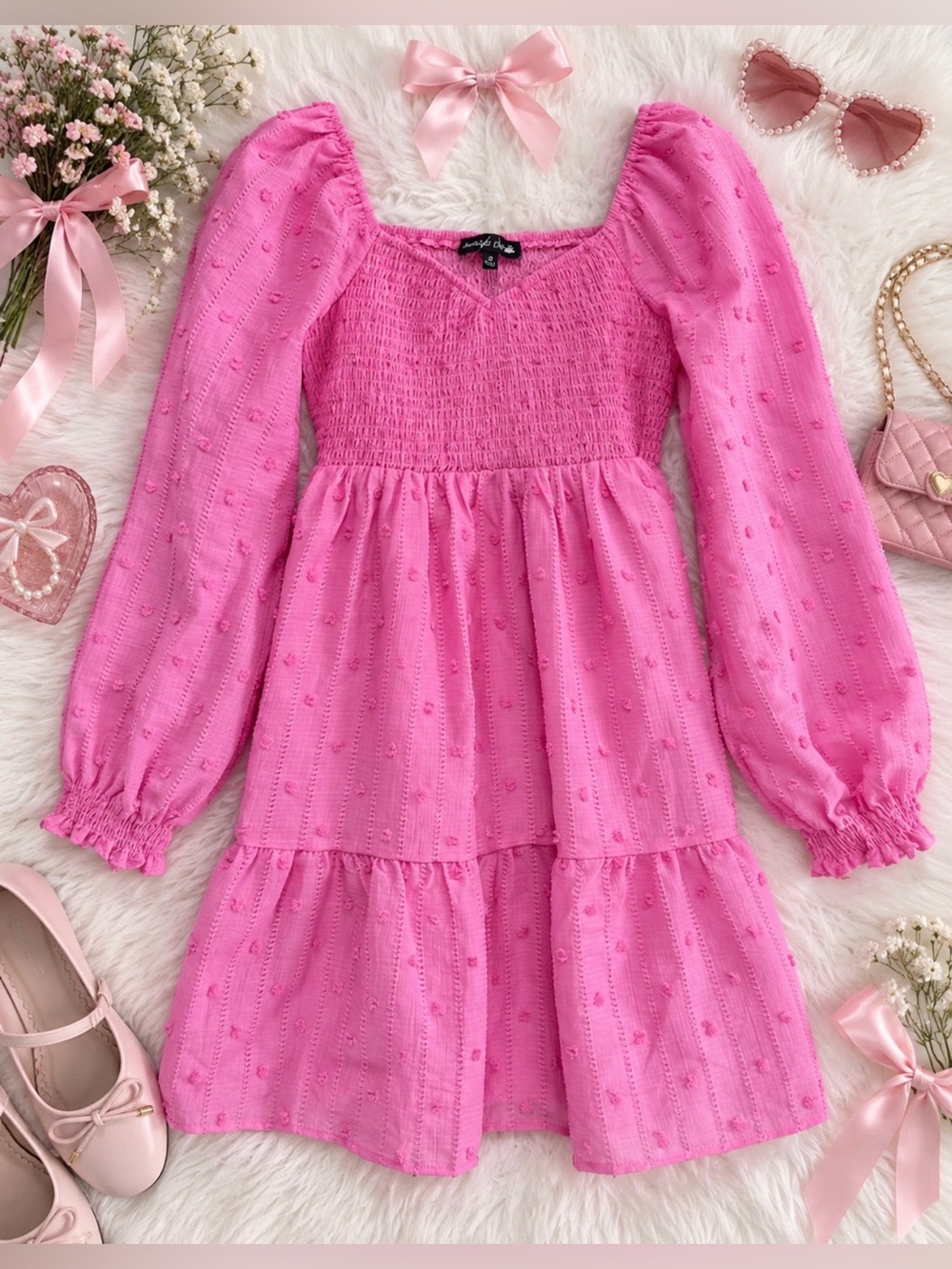 Bubble Gum Pink Smocked Waist Long Sleeve Dress
